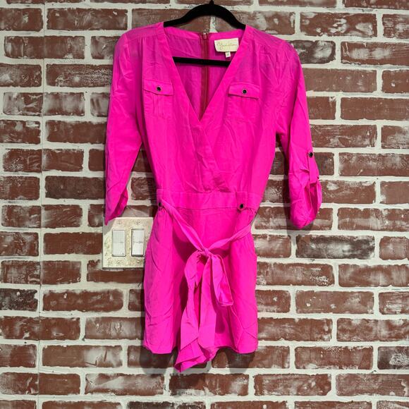 Yumi Kim Utility Silk Belted Romper Playsuit Hot Pink V-Neck Size Small EUC - Picture 1 of 9